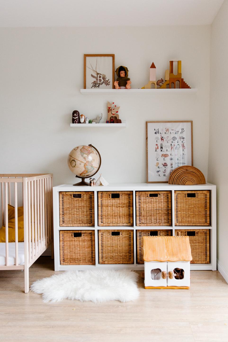 floating shelves in children bedroom with wooden furniture and toys